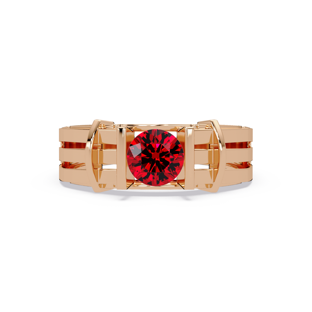 0.8 CTW Round Geometric Split-Rail Men’s Colorstone Ring with Ruby Red in Rose Gold – Lunéa Paris