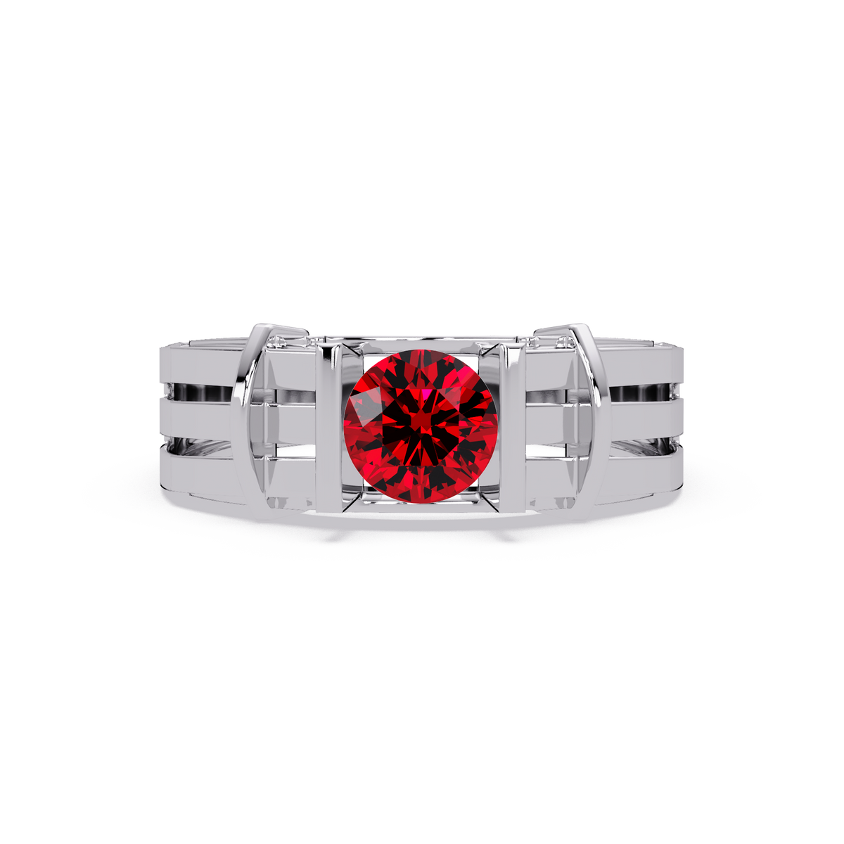 0.8 CTW Round Geometric Split-Rail Men’s Colorstone Ring with Ruby Red in White Gold – Lunéa Paris