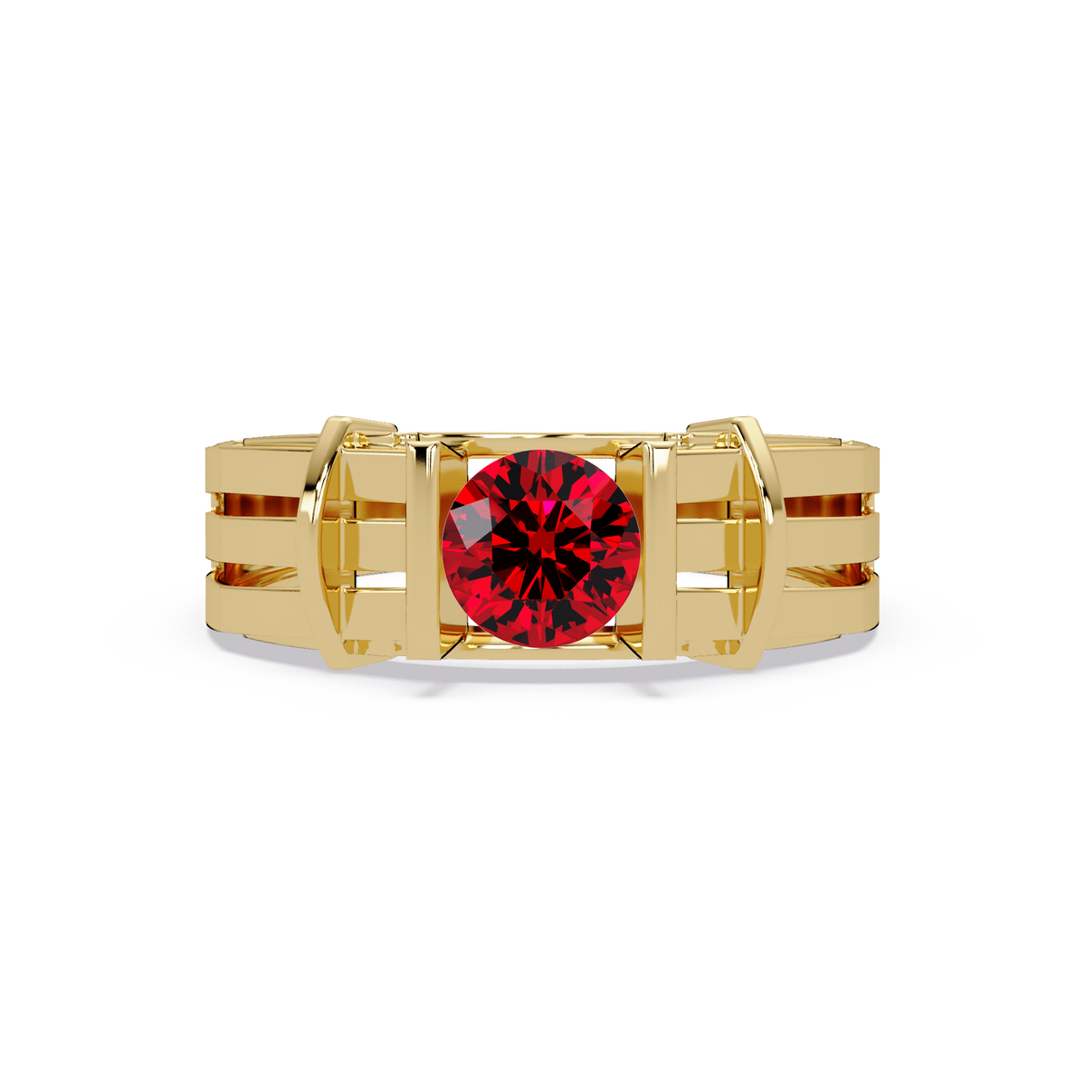 0.8 CTW Round Geometric Split-Rail Men’s Colorstone Ring with Ruby Red in Yellow Gold – Lunéa Paris
