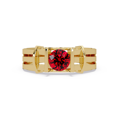 0.8 CTW Round Geometric Split-Rail Men’s Colorstone Ring with Ruby Red in Yellow Gold – Lunéa Paris