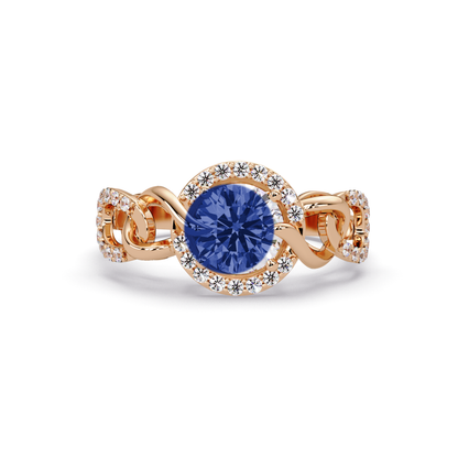 1.0 CTW Round Infinity Halo Pavé Colorstone Ring with Sapphire Blue center in 14K Rose Gold – Lunéa Paris