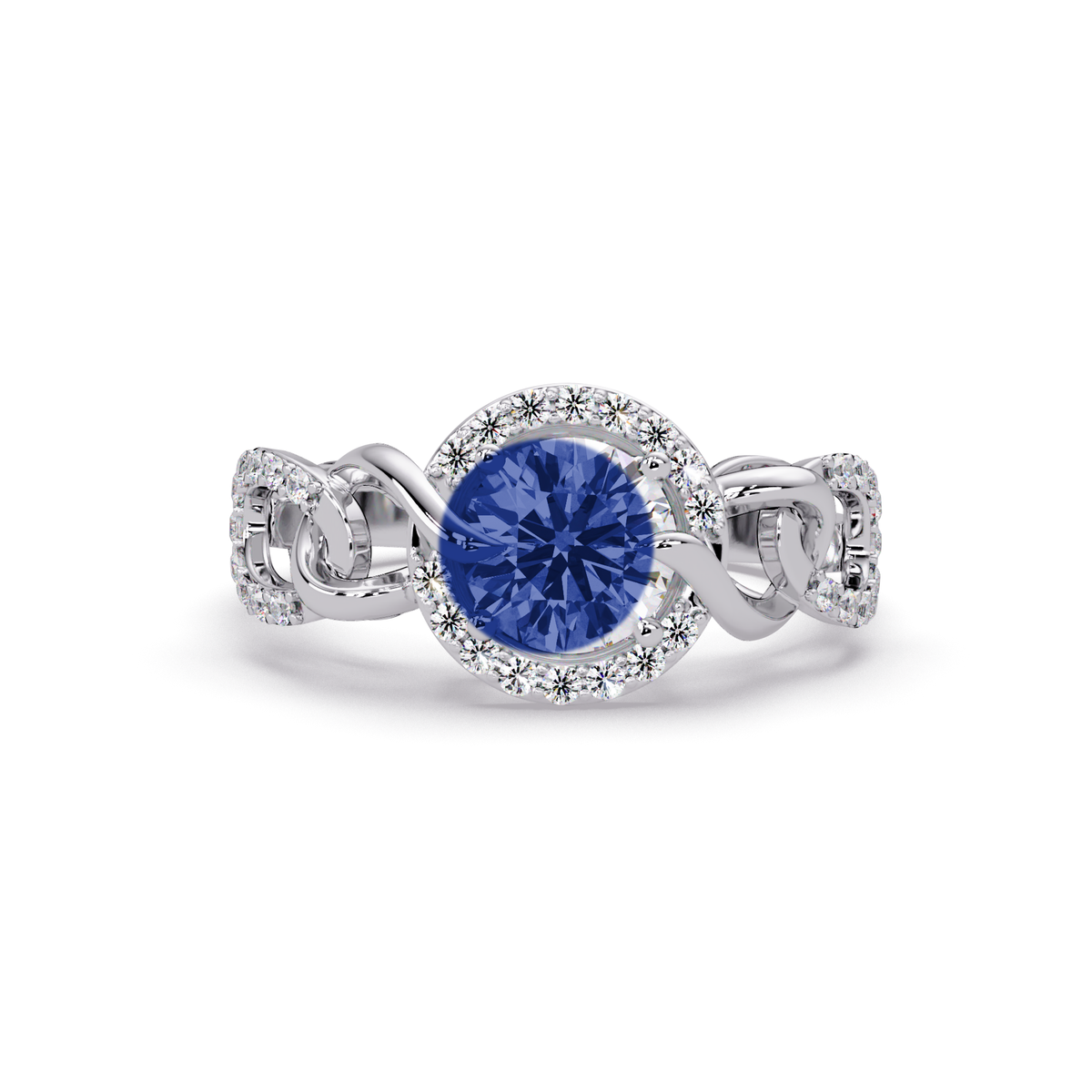 1.0 CTW Round Infinity Halo Pavé Colorstone Ring with Sapphire Blue center in 14K White Gold – Lunéa Paris
