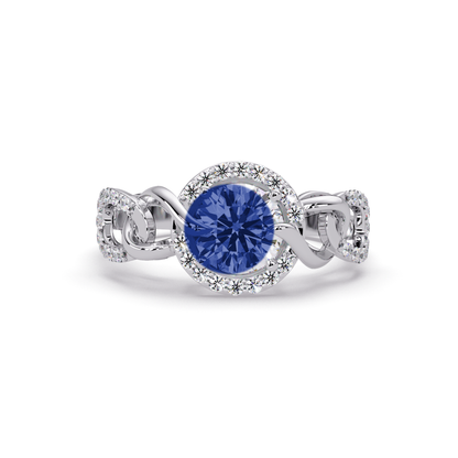 1.0 CTW Round Infinity Halo Pavé Colorstone Ring with Sapphire Blue center in 14K White Gold – Lunéa Paris