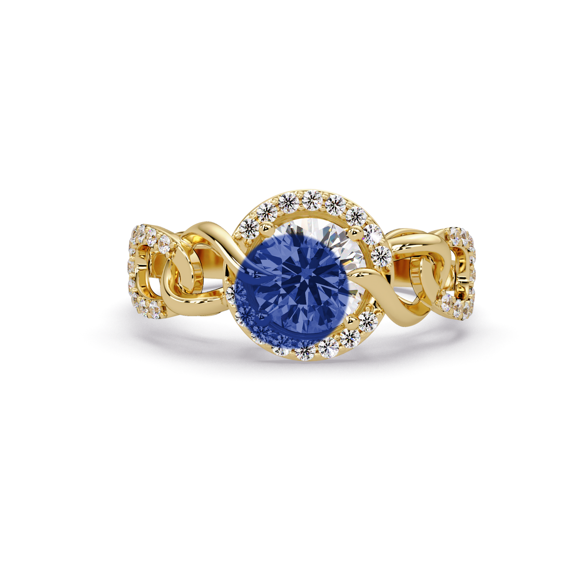 1.0 CTW Round Infinity Halo Pavé Colorstone Ring with Sapphire Blue center in 14K Yellow Gold – Lunéa Paris