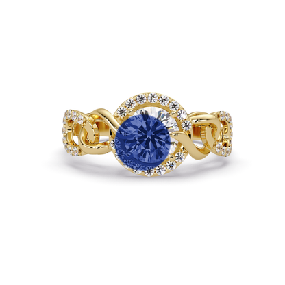 1.0 CTW Round Infinity Halo Pavé Colorstone Ring with Sapphire Blue center in 14K Yellow Gold – Lunéa Paris