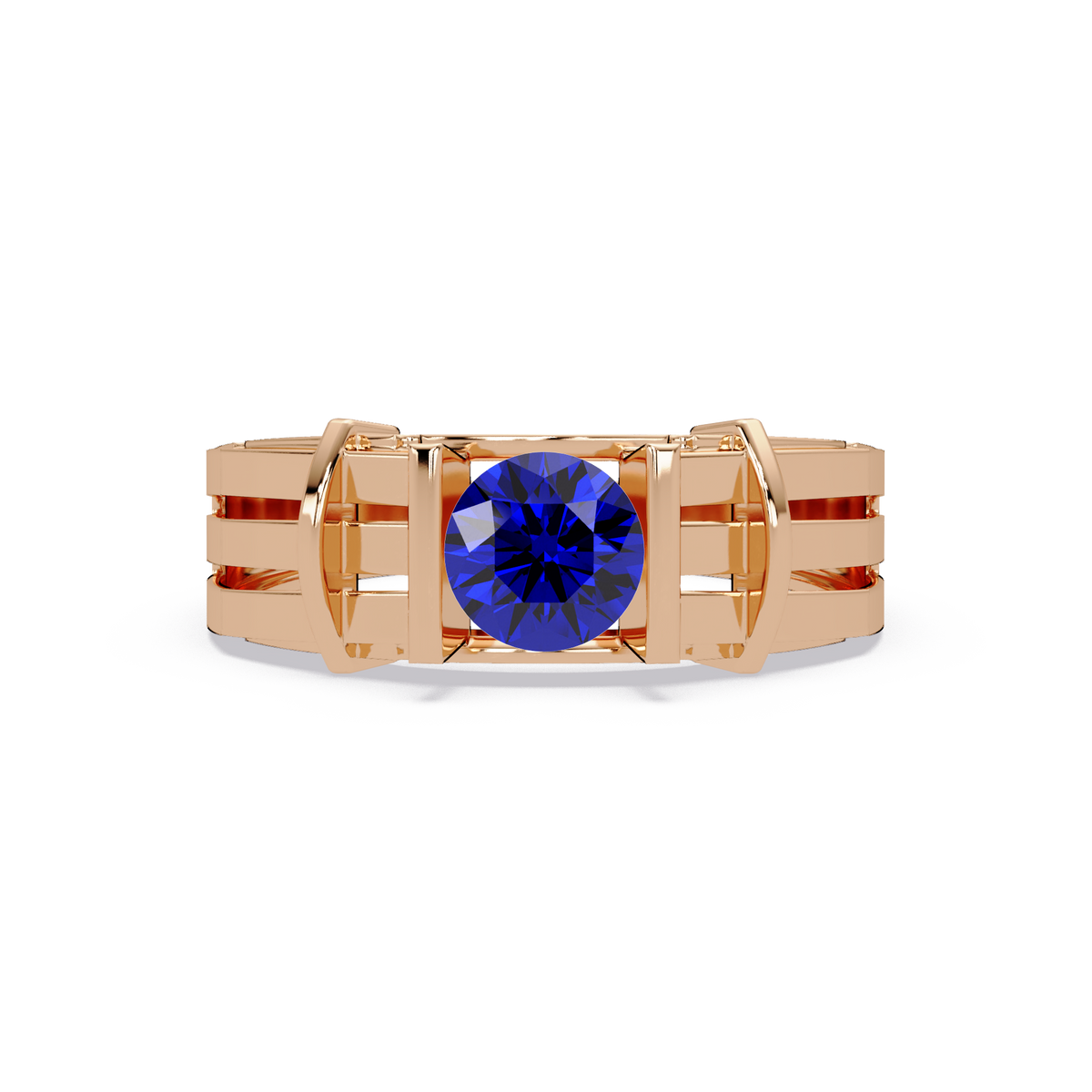 0.8 CTW Round Geometric Split-Rail Men’s Colorstone Ring with Sapphire Blue in Rose Gold – Lunéa Paris