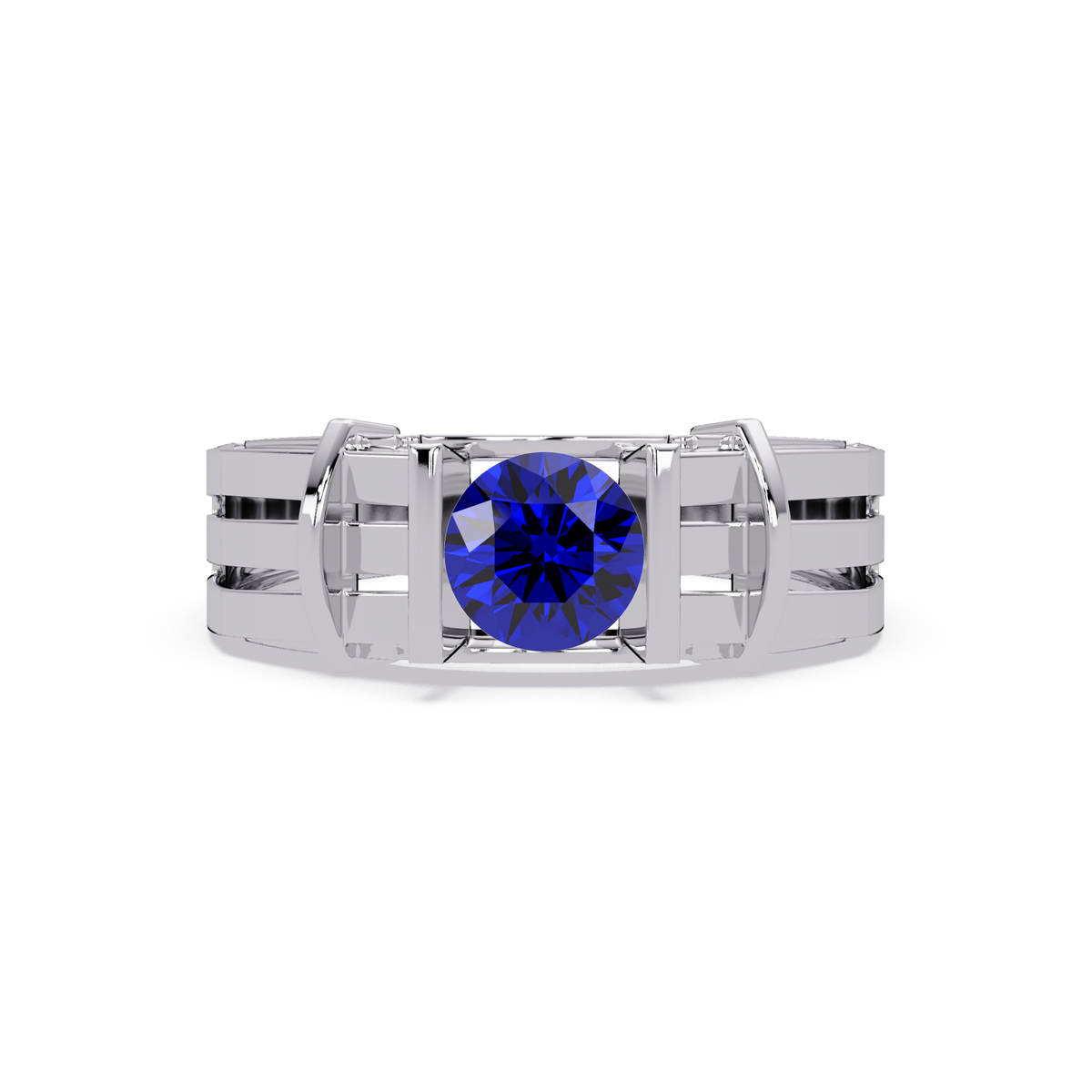 0.8 CTW Round Geometric Split-Rail Men’s Colorstone Ring with Sapphire Blue in White Gold – Lunéa Paris