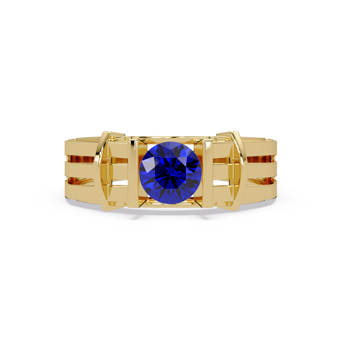 0.8 CTW Round Geometric Split-Rail Men’s Colorstone Ring with Sapphire Blue in Yellow Gold – Lunéa Paris