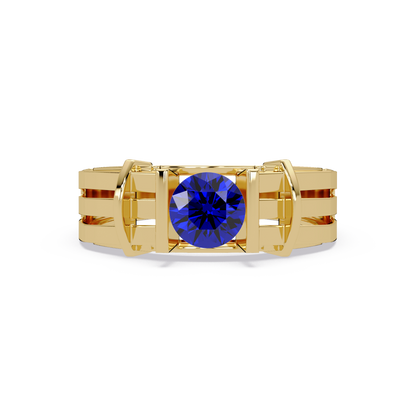 0.8 CTW Round Geometric Split-Rail Men’s Colorstone Ring with Sapphire Blue in Yellow Gold – Lunéa Paris