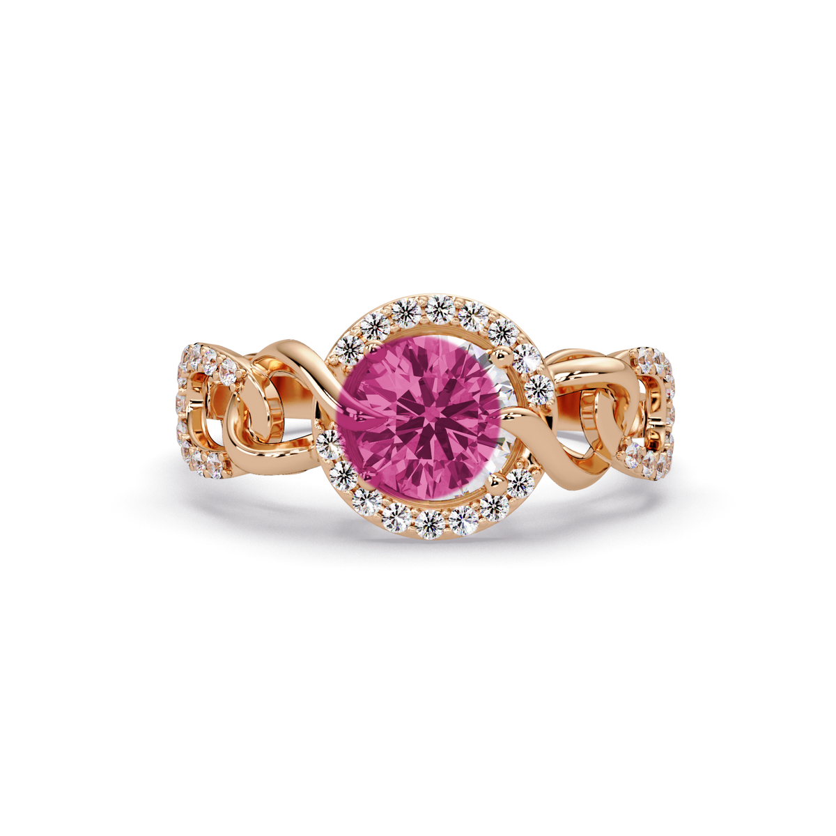 1.0 CTW Round Infinity Halo Pavé Colorstone Ring with Tourmaline Pink center in 14K Rose Gold – Lunéa Paris