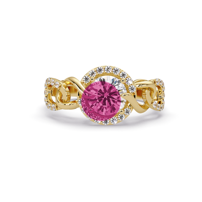 1.0 CTW Round Infinity Halo Pavé Colorstone Ring with Tourmaline Pink center in 14K Yellow Gold – Lunéa Paris
