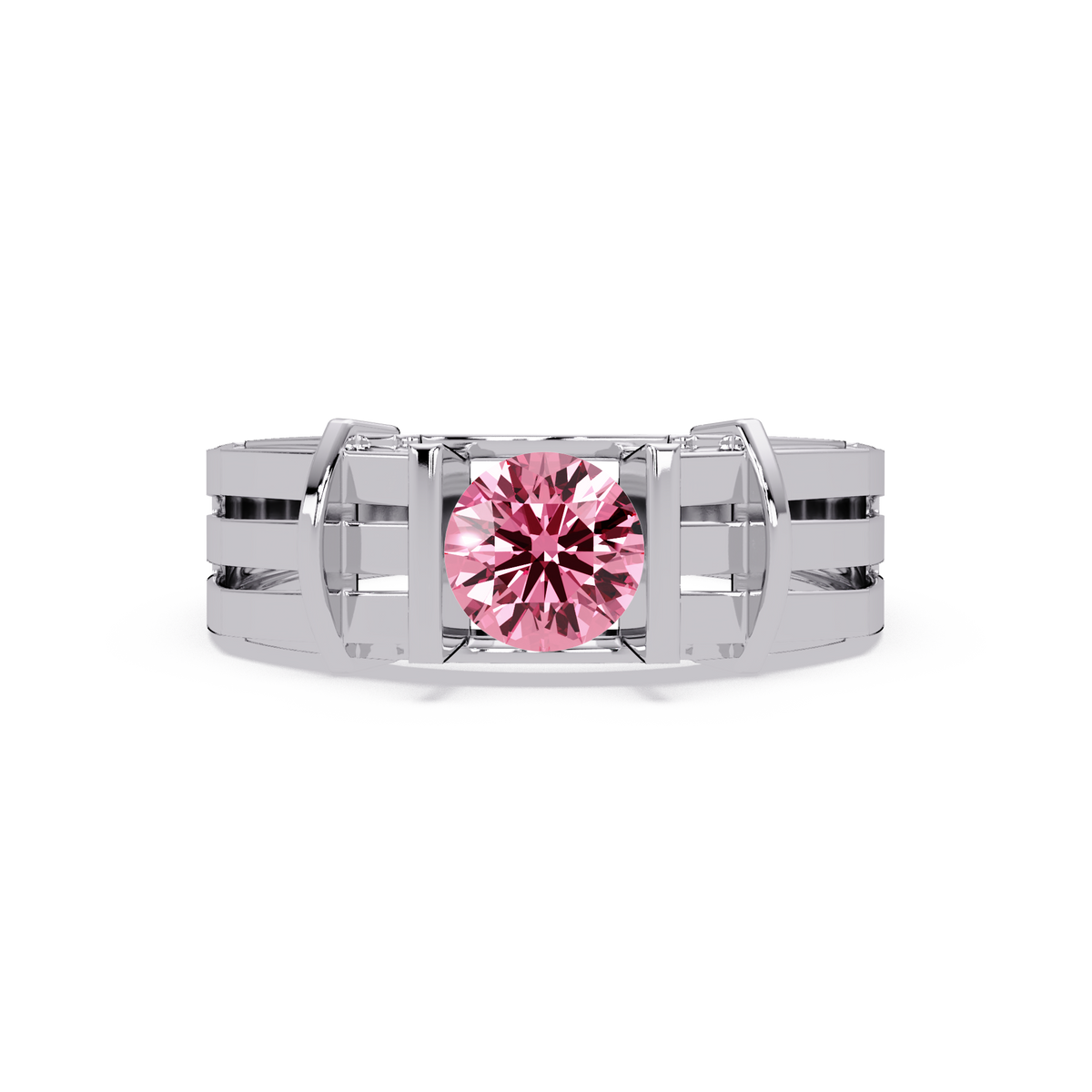 0.8 CTW Round Geometric Split-Rail Men’s Colorstone Ring with Tourmaline Pink in White Gold – Lunéa Paris