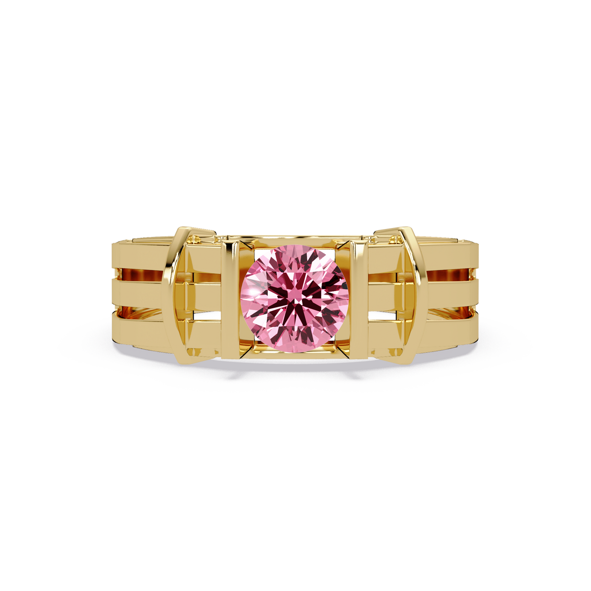 0.8 CTW Round Geometric Split-Rail Men’s Colorstone Ring with Tourmaline Pink in Yellow Gold – Lunéa Paris