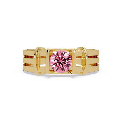 0.8 CTW Round Geometric Split-Rail Men’s Colorstone Ring with Tourmaline Pink in Yellow Gold – Lunéa Paris