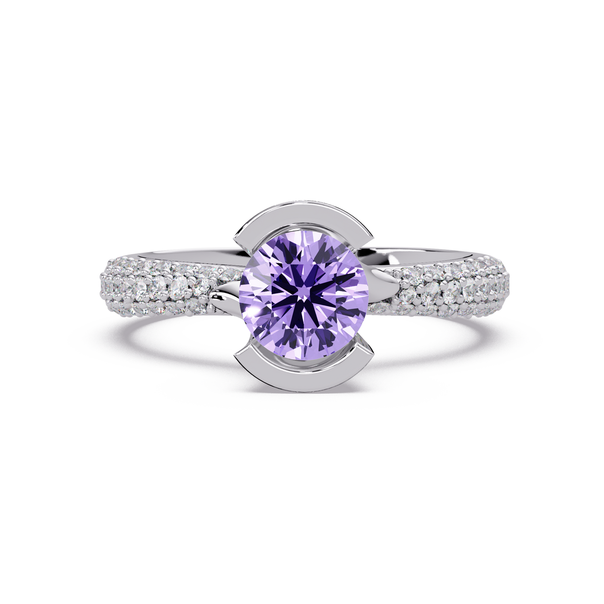 1.1 CTW Round Bezel Split-Shank Pavé Colorstone Ring AP WG
