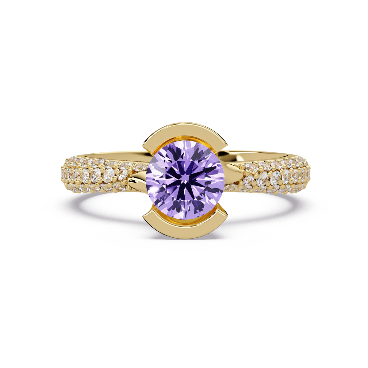 1.1 CTW Round Bezel Split-Shank Pavé Colorstone Ring AP YG