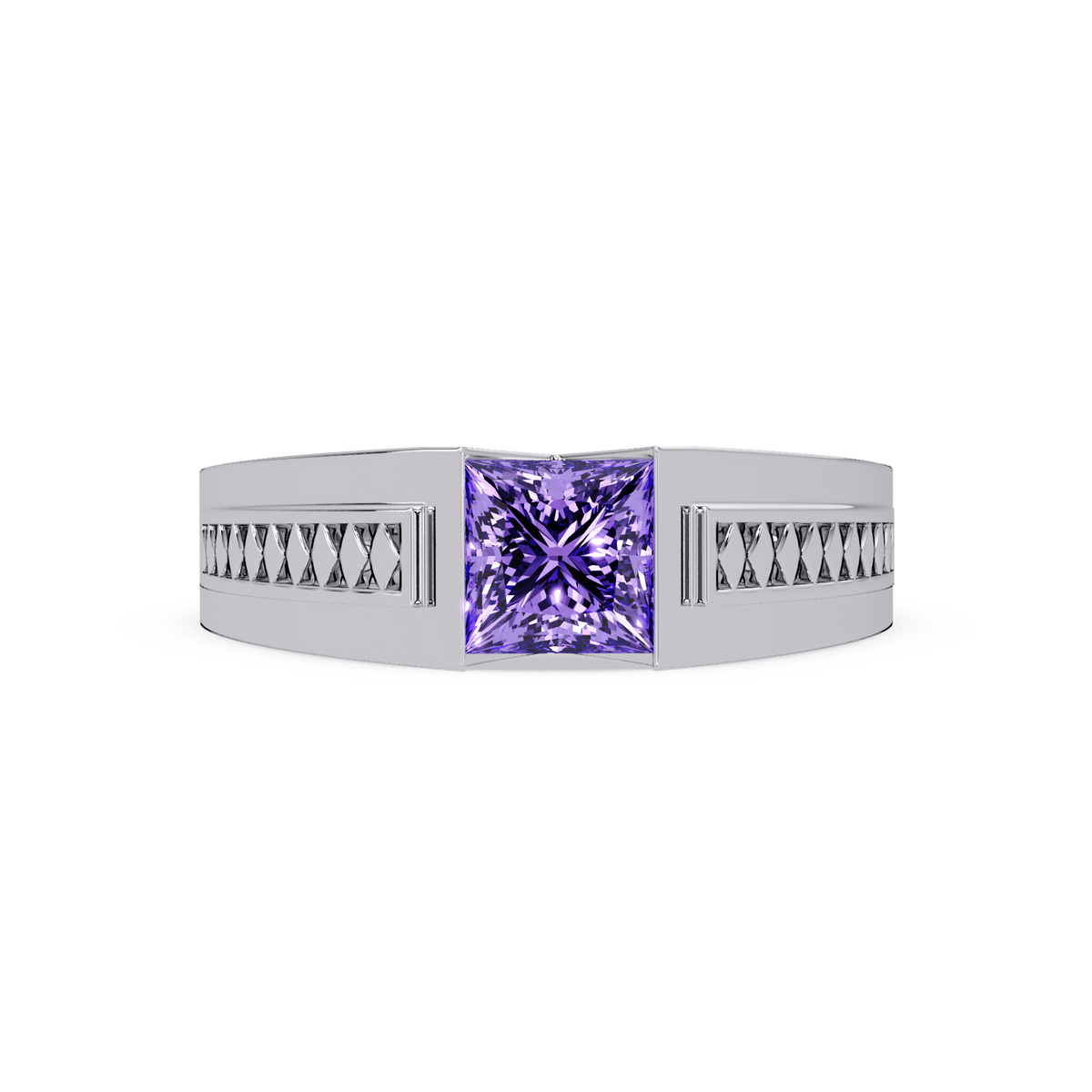 1.4 CTW Princess Ornamental Men’s Colorstone Ring with Amethyst Purple in White Gold – Lunéa Paris