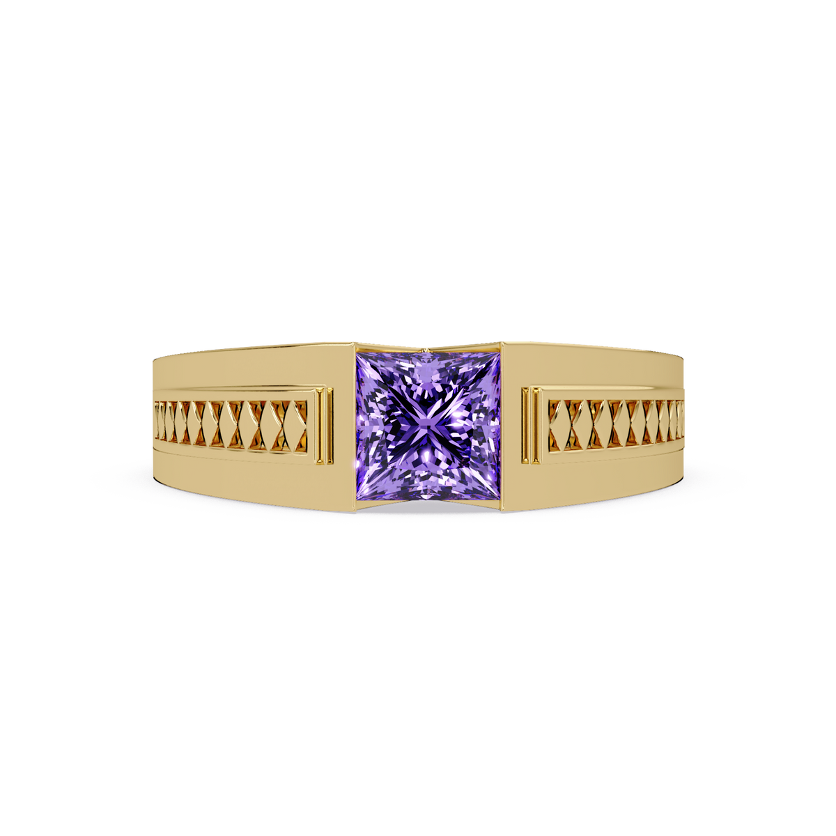 1.4 CTW Princess Ornamental Men’s Colorstone Ring with Amethyst Purple in Yellow Gold – Lunéa Paris