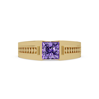 1.4 CTW Princess Ornamental Men’s Colorstone Ring with Amethyst Purple in Yellow Gold – Lunéa Paris