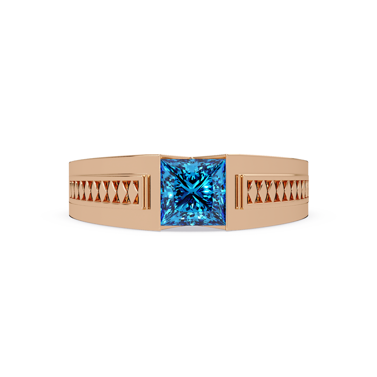 1.4 CTW Princess Ornamental Men’s Colorstone Ring with Aquamarine Blue in Rose Gold – Lunéa Paris