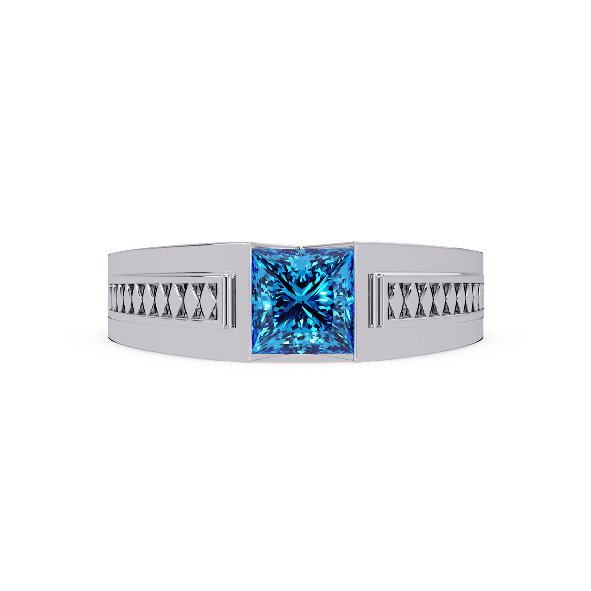 1.4 CTW Princess Ornamental Men’s Colorstone Ring with Aquamarine Blue in White Gold – Lunéa Paris