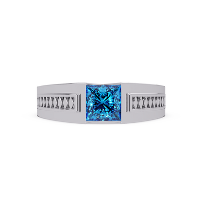 1.4 CTW Princess Ornamental Men’s Colorstone Ring with Aquamarine Blue in White Gold – Lunéa Paris