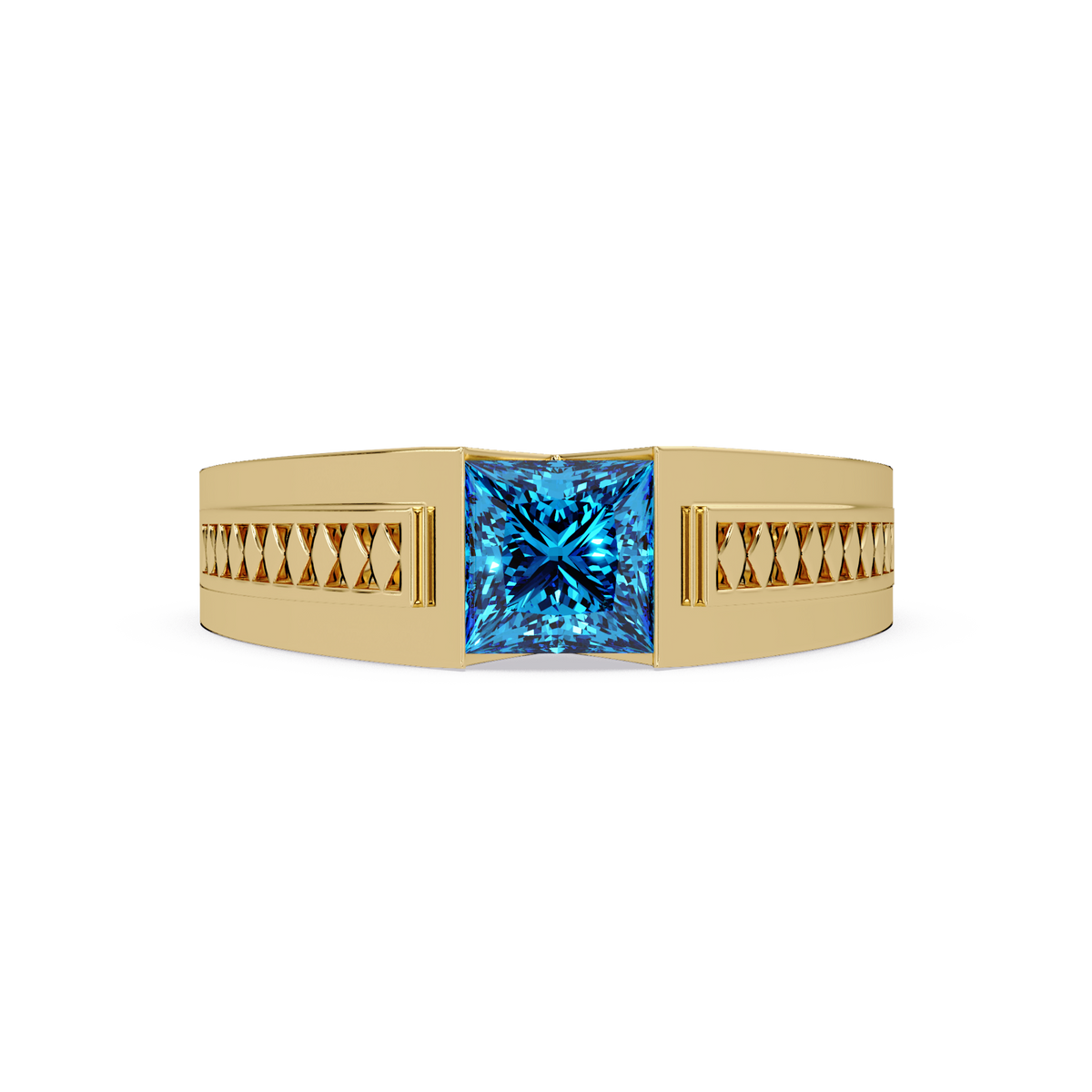 1.4 CTW Princess Ornamental Men’s Colorstone Ring with Aquamarine Blue in Yellow Gold – Lunéa Paris