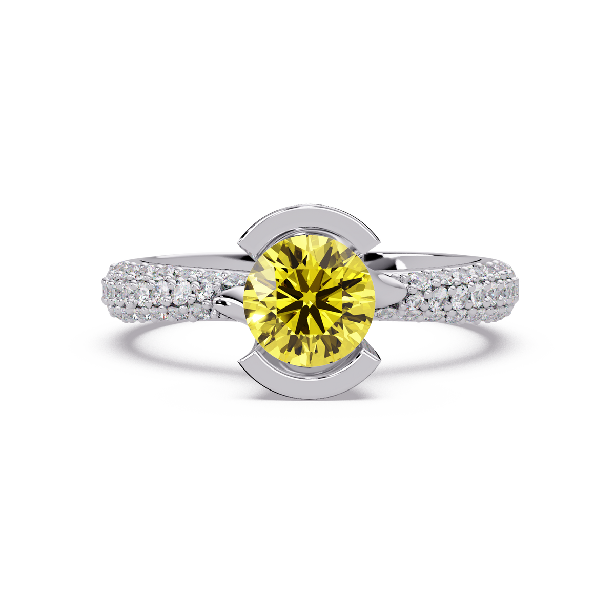 1.1 CTW Round Bezel Split-Shank Pavé Colorstone Ring CY WG