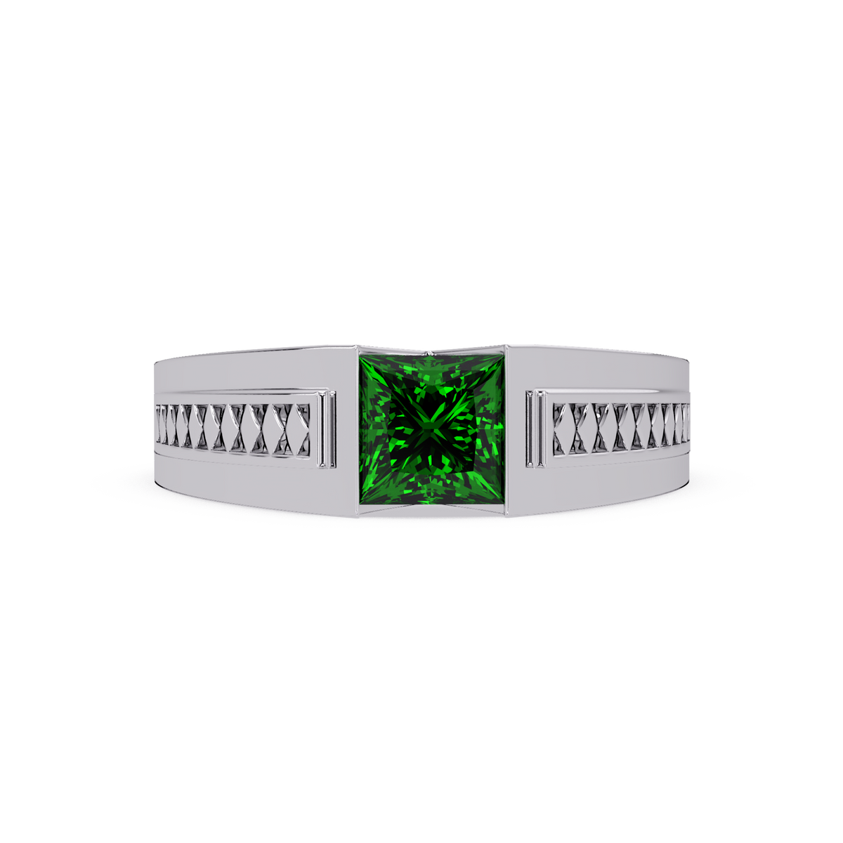 1.4 CTW Princess Ornamental Men’s Colorstone Ring with Emerald Green in White Gold – Lunéa Paris