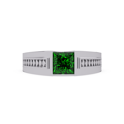1.4 CTW Princess Ornamental Men’s Colorstone Ring with Emerald Green in White Gold – Lunéa Paris