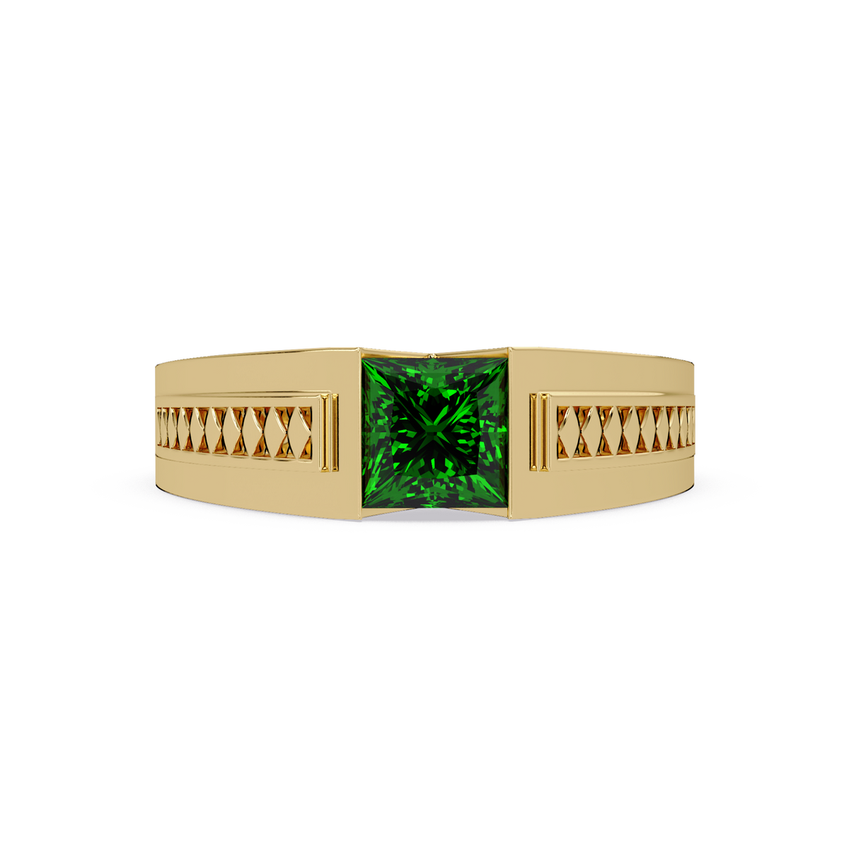 1.4 CTW Princess Ornamental Men’s Colorstone Ring with Emerald Green in Yellow Gold – Lunéa Paris
