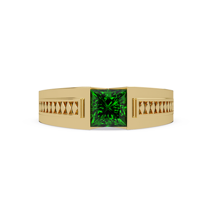 1.4 CTW Princess Ornamental Men’s Colorstone Ring with Emerald Green in Yellow Gold – Lunéa Paris