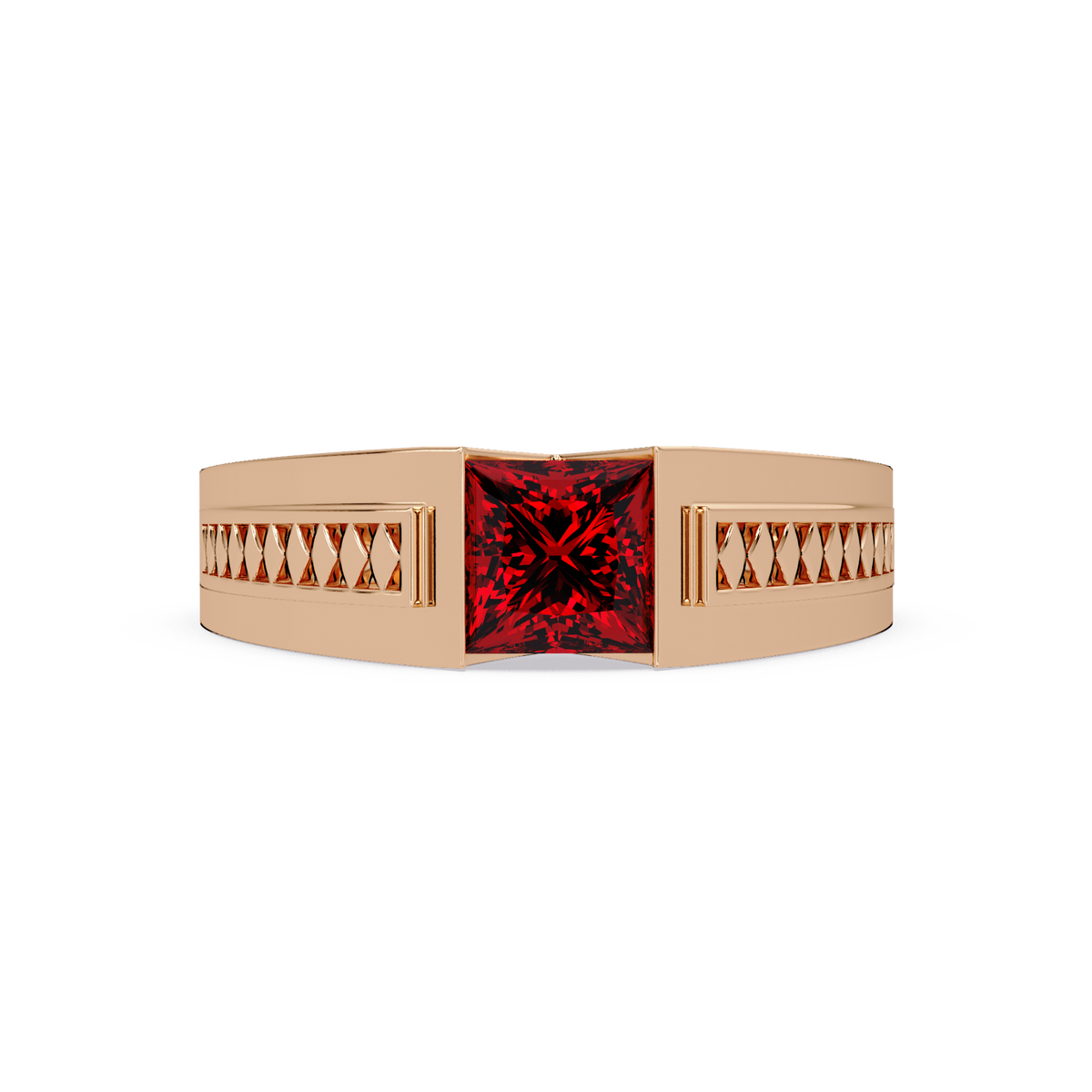 1.4 CTW Princess Ornamental Men’s Colorstone Ring with Ruby Red in Rose Gold – Lunéa Paris