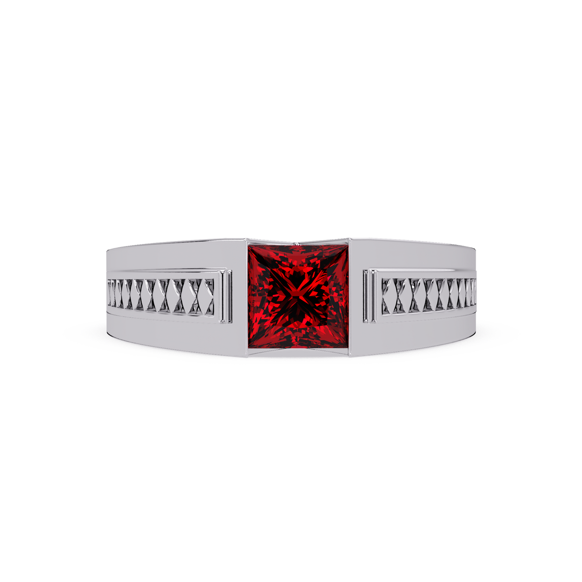 1.4 CTW Princess Ornamental Men’s Colorstone Ring with Ruby Red in White Gold – Lunéa Paris