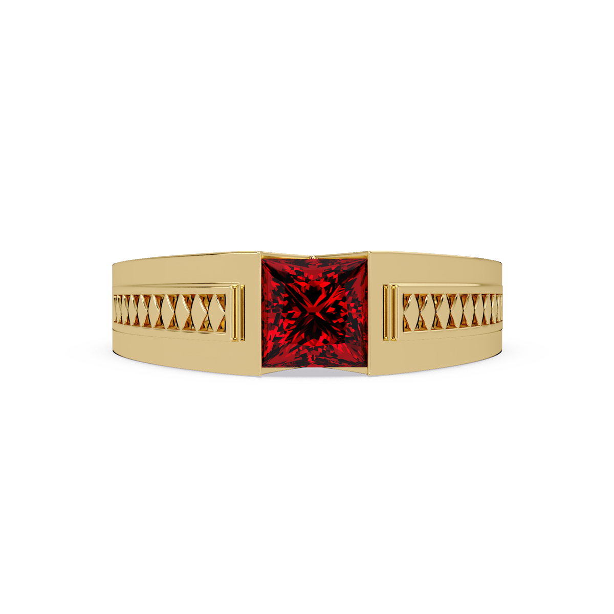 1.4 CTW Princess Ornamental Men’s Colorstone Ring with Ruby Red in Yellow Gold – Lunéa Paris