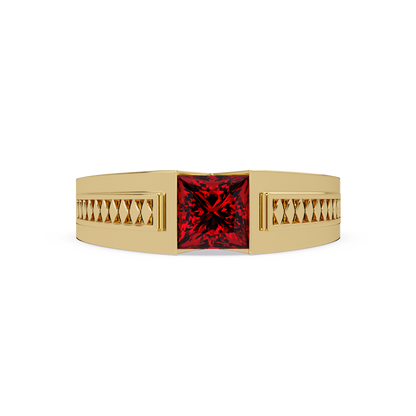 1.4 CTW Princess Ornamental Men’s Colorstone Ring with Ruby Red in Yellow Gold – Lunéa Paris