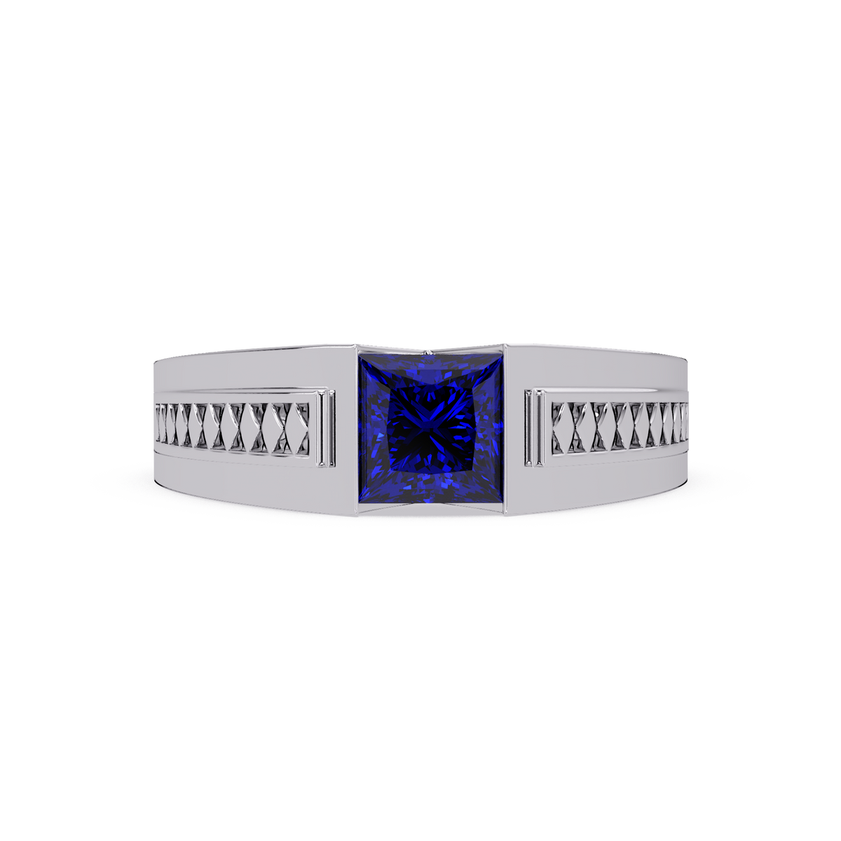 1.4 CTW Princess Ornamental Men’s Colorstone Ring with Sapphire Blue in White Gold – Lunéa Paris