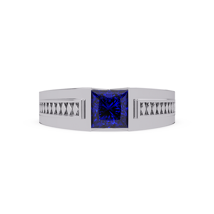 1.4 CTW Princess Ornamental Men’s Colorstone Ring with Sapphire Blue in White Gold – Lunéa Paris