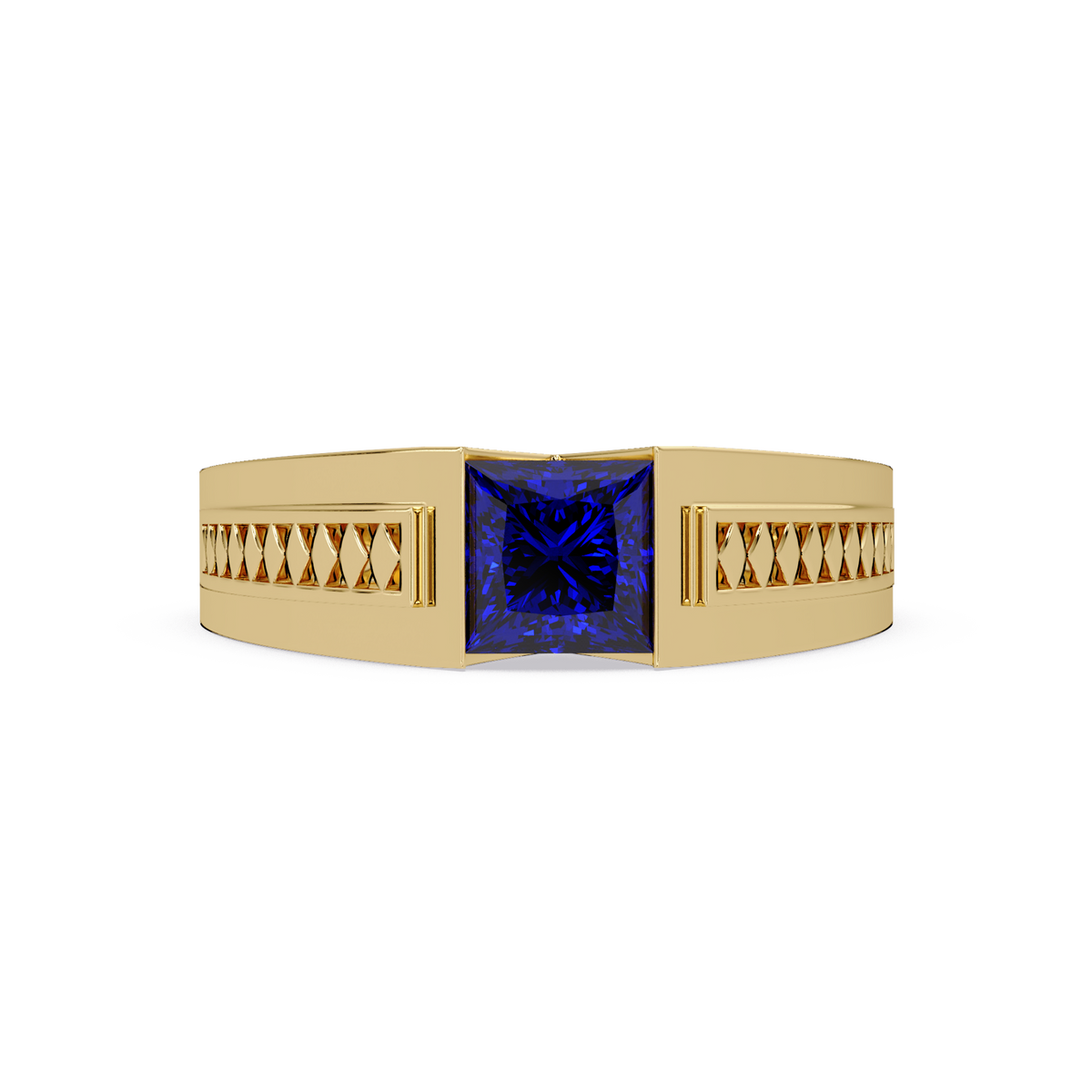 1.4 CTW Princess Ornamental Men’s Colorstone Ring with Sapphire Blue in Yellow Gold – Lunéa Paris