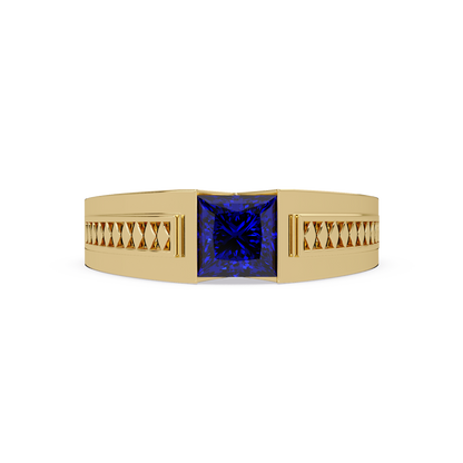 1.4 CTW Princess Ornamental Men’s Colorstone Ring with Sapphire Blue in Yellow Gold – Lunéa Paris