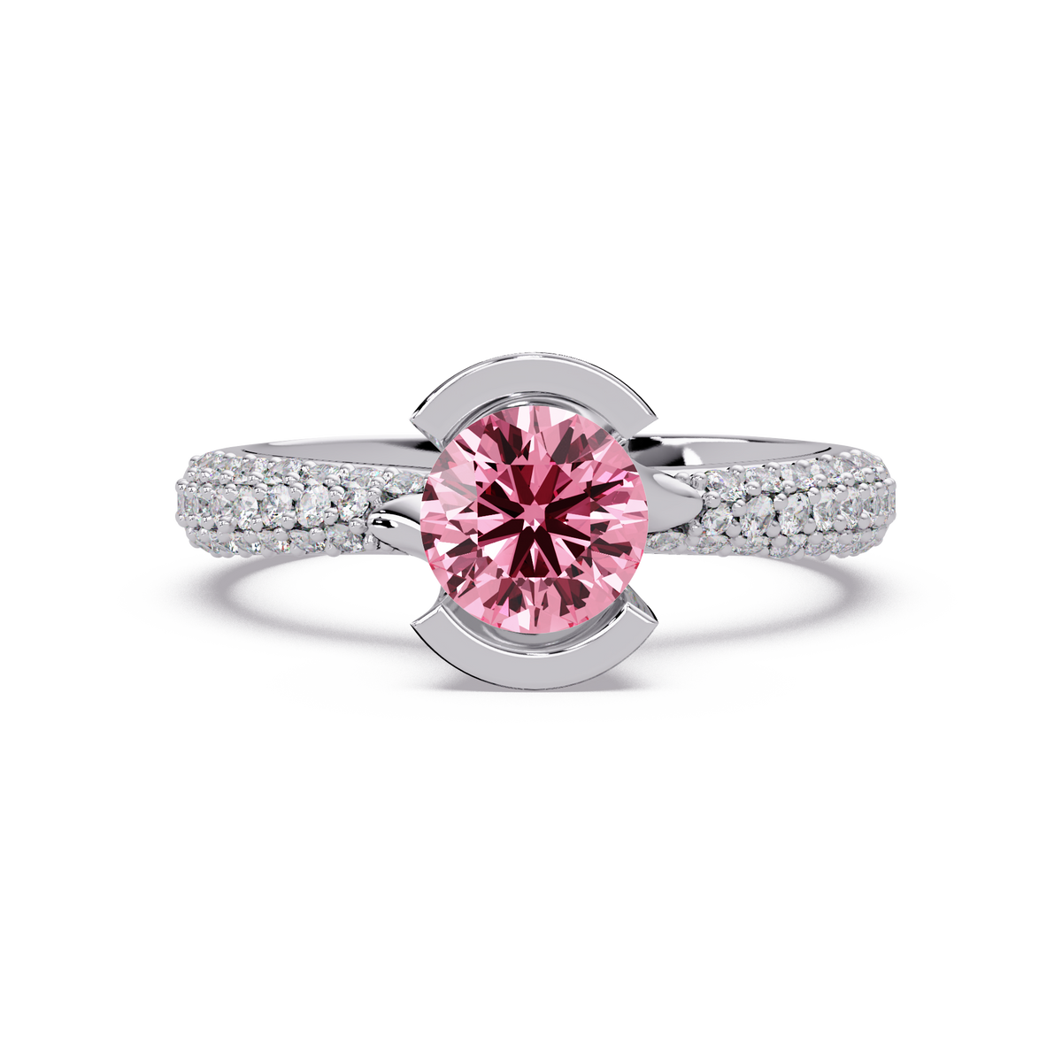 1.1 CTW Round Bezel Split-Shank Pavé Colorstone Ring TP WG