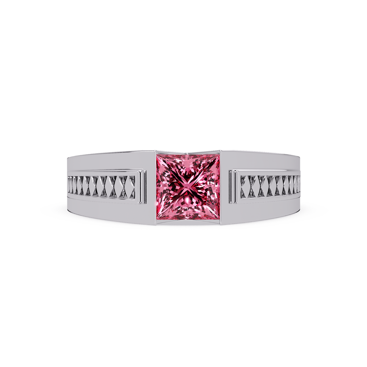1.4 CTW Princess Ornamental Men’s Colorstone Ring with Tourmaline Pink in White Gold – Lunéa Paris