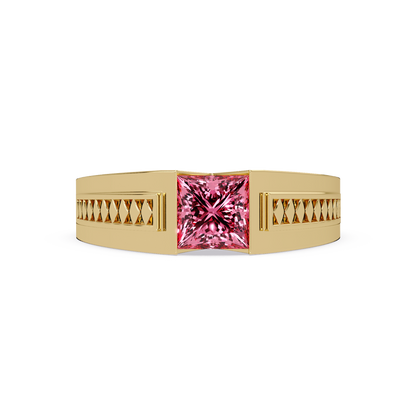 1.4 CTW Princess Ornamental Men’s Colorstone Ring with Tourmaline Pink in Yellow Gold – Lunéa Paris