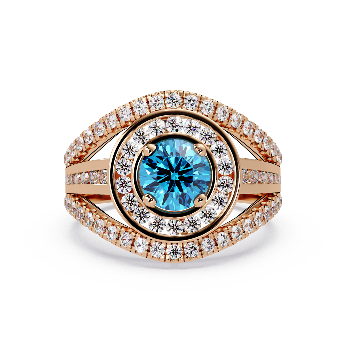 1.5 CTW Round Eye-Shaped Double-Halo Pavé Colorstone Ring AB Rose Gold