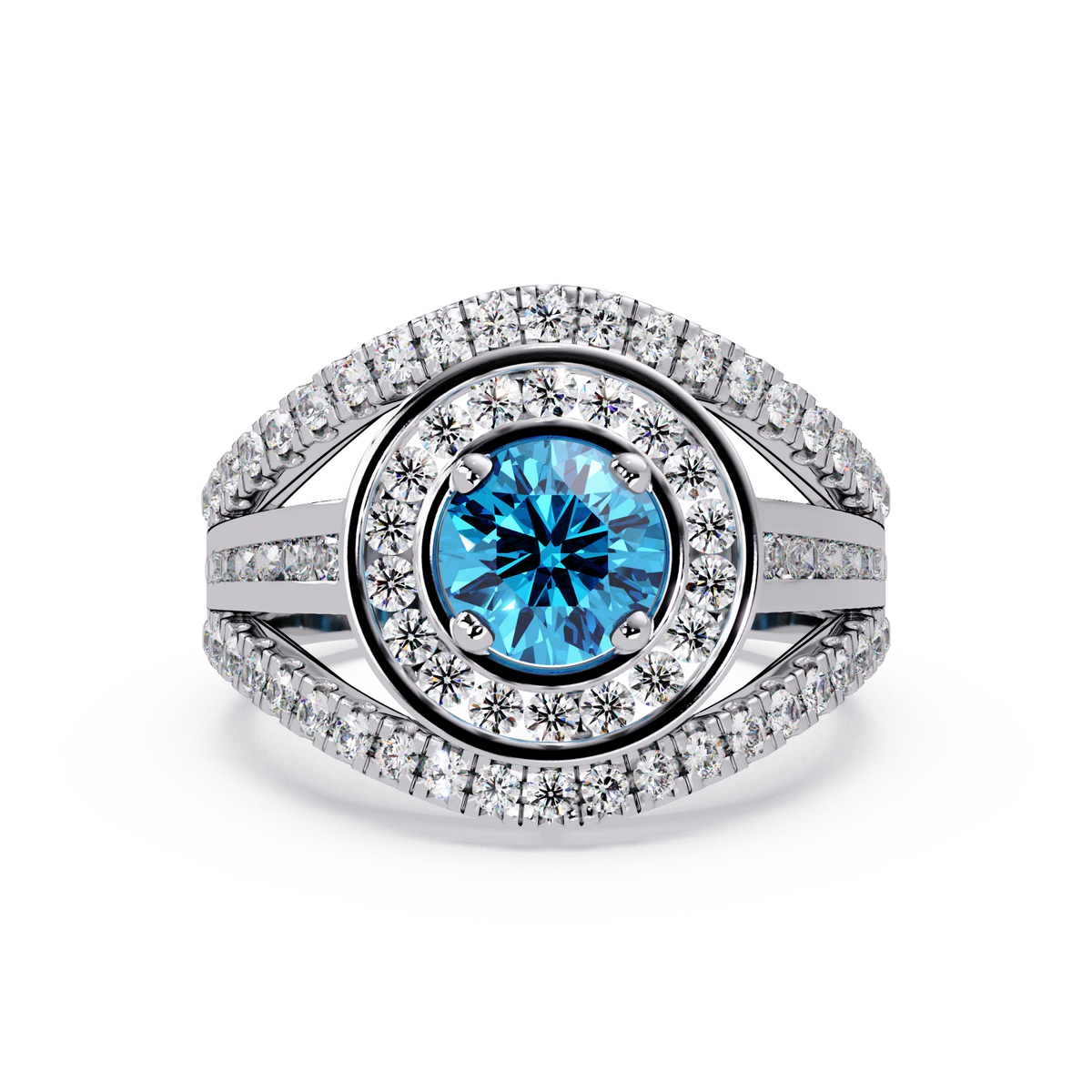 1.5 CTW Round Eye-Shaped Double-Halo Pavé Colorstone Ring AB White Gold