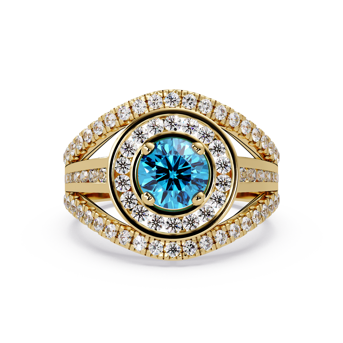 1.5 CTW Round Eye-Shaped Double-Halo Pavé Colorstone Ring AB Yellow Gold