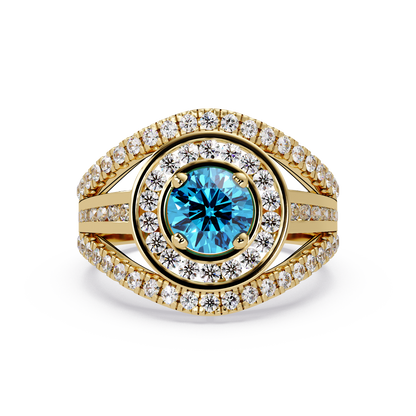 1.5 CTW Round Eye-Shaped Double-Halo Pavé Colorstone Ring AB Yellow Gold