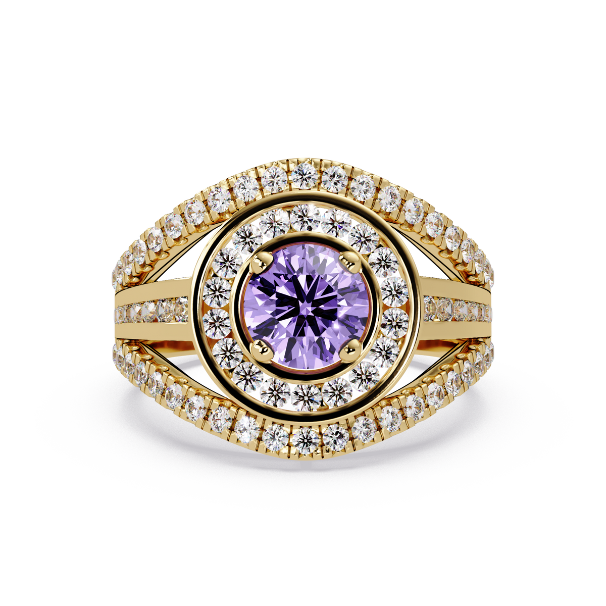 1.5 CTW Round Eye-Shaped Double-Halo Pavé Colorstone Ring AP Yellow Gold