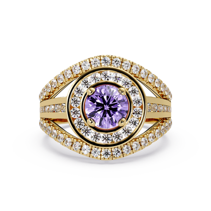 1.5 CTW Round Eye-Shaped Double-Halo Pavé Colorstone Ring AP Yellow Gold