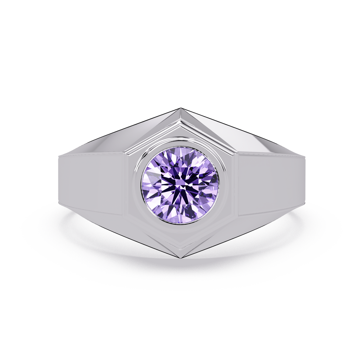 0.8 CTW Round Hexagonal Bezel Men’s Colorstone Ring with Amethyst Purple in White Gold – Lunéa Paris